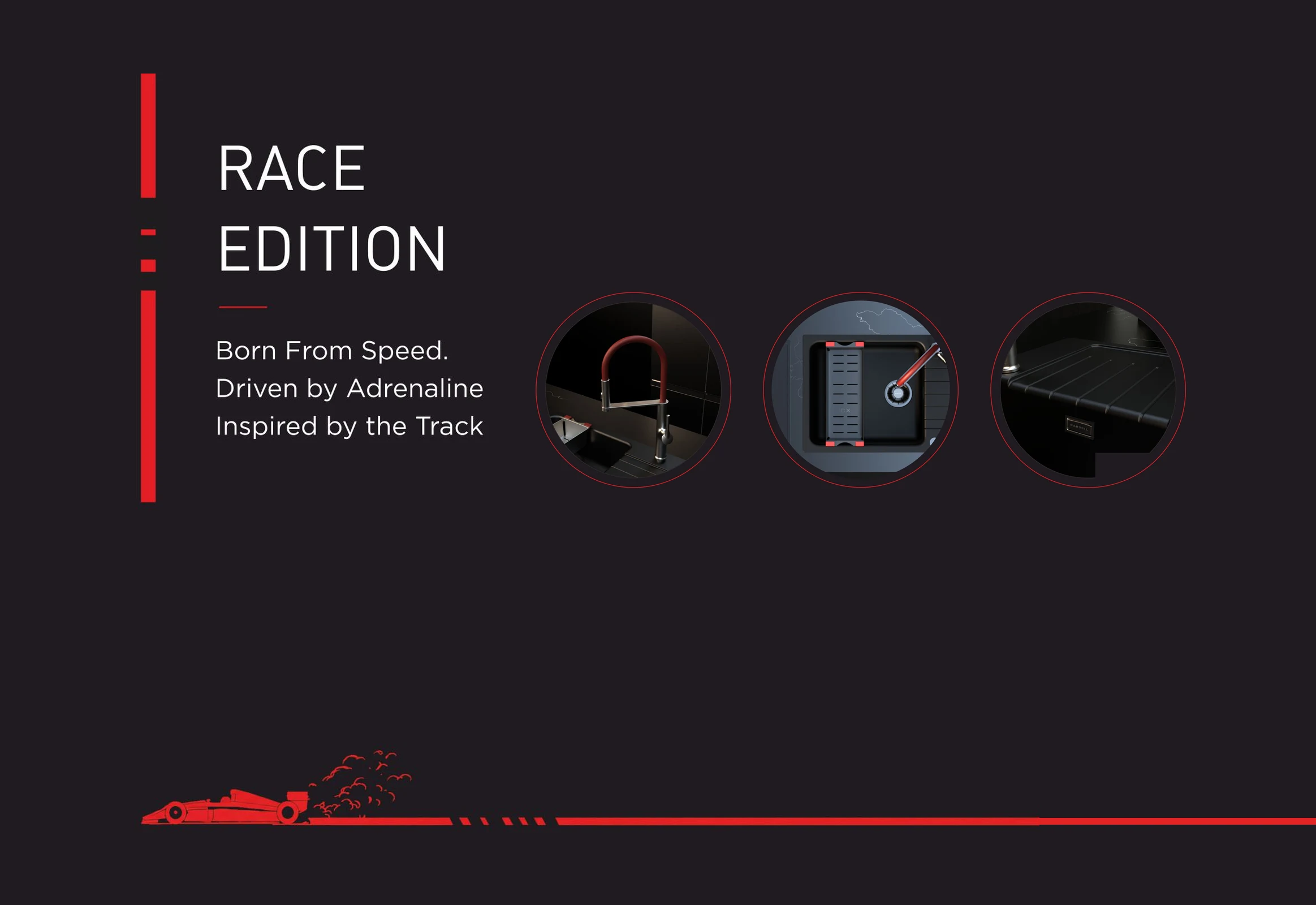 CX Serene Race Edition features: red pull-out faucet, red-tipped colander and grooved drainboard, with a red race car on the track line