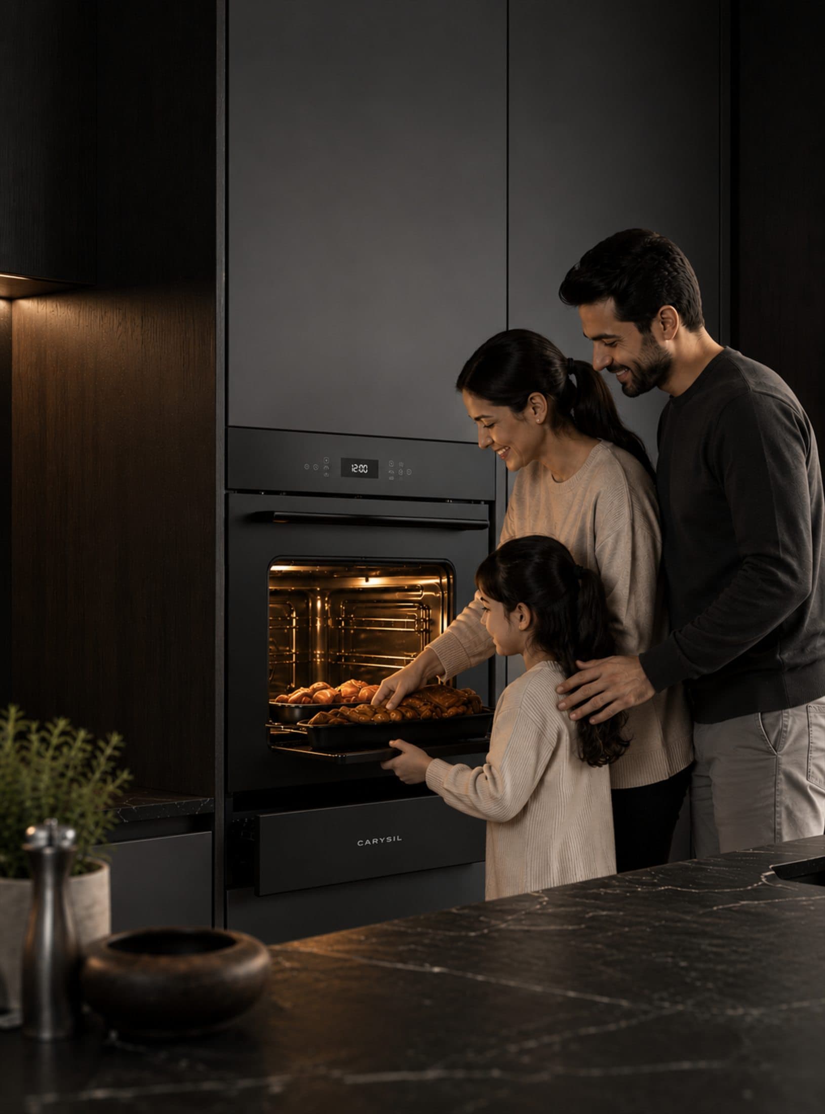 A family gathered at a Carysil Eclipse oven in a dark timber kitchen