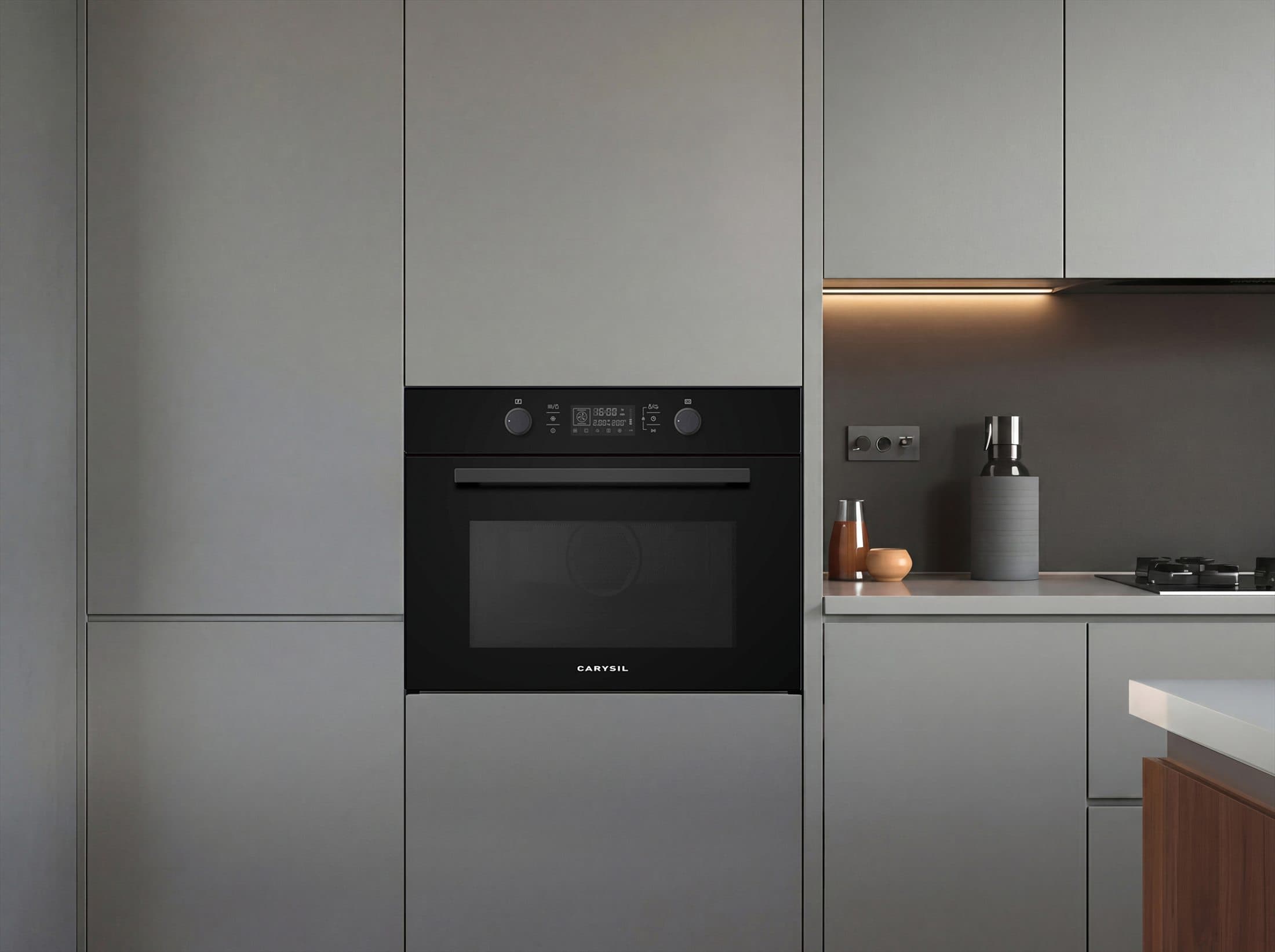 Carysil Linear appliances integrated into a pale grey kitchen