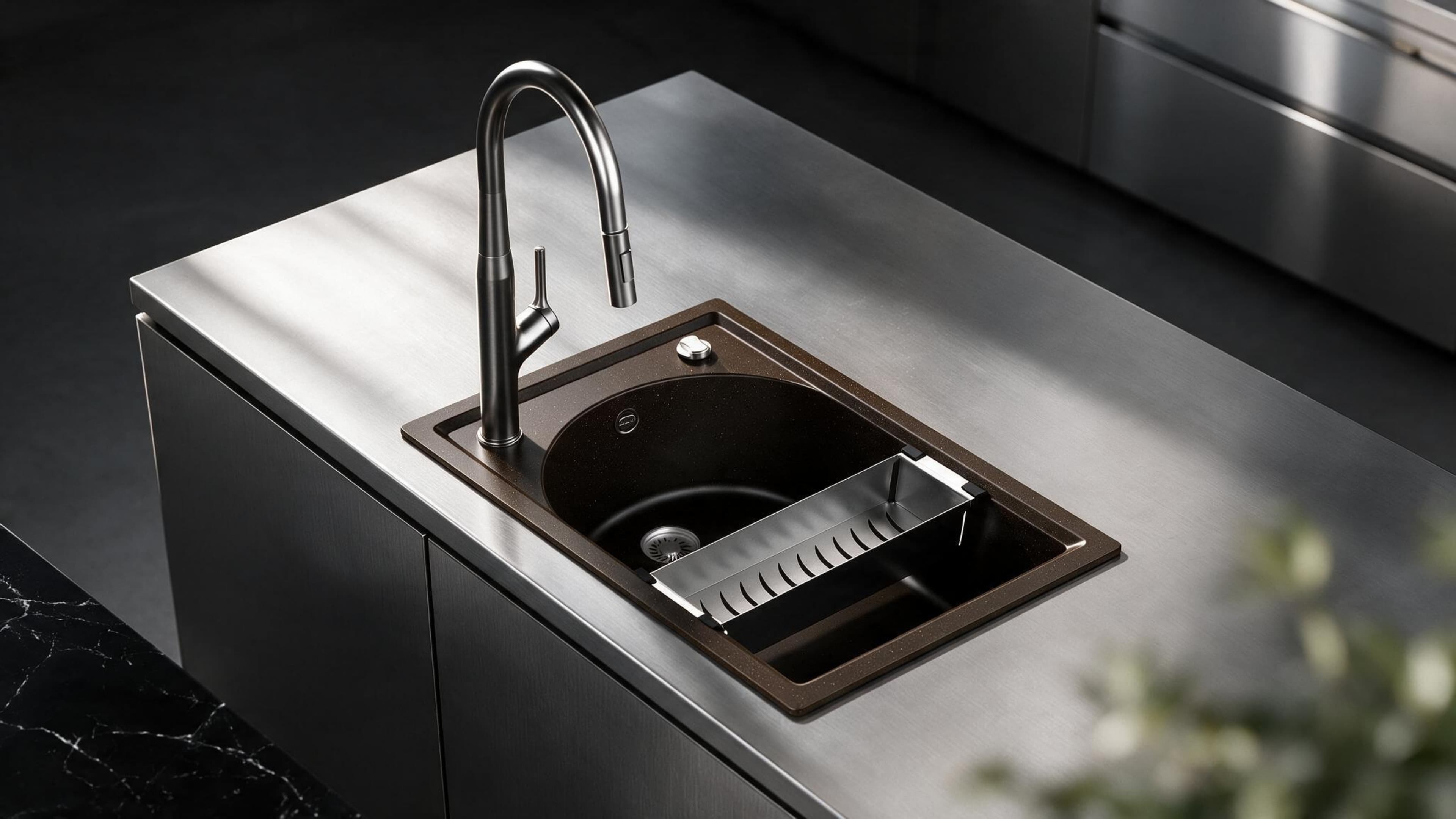 Carysil granite sink and faucet on a stainless-steel island