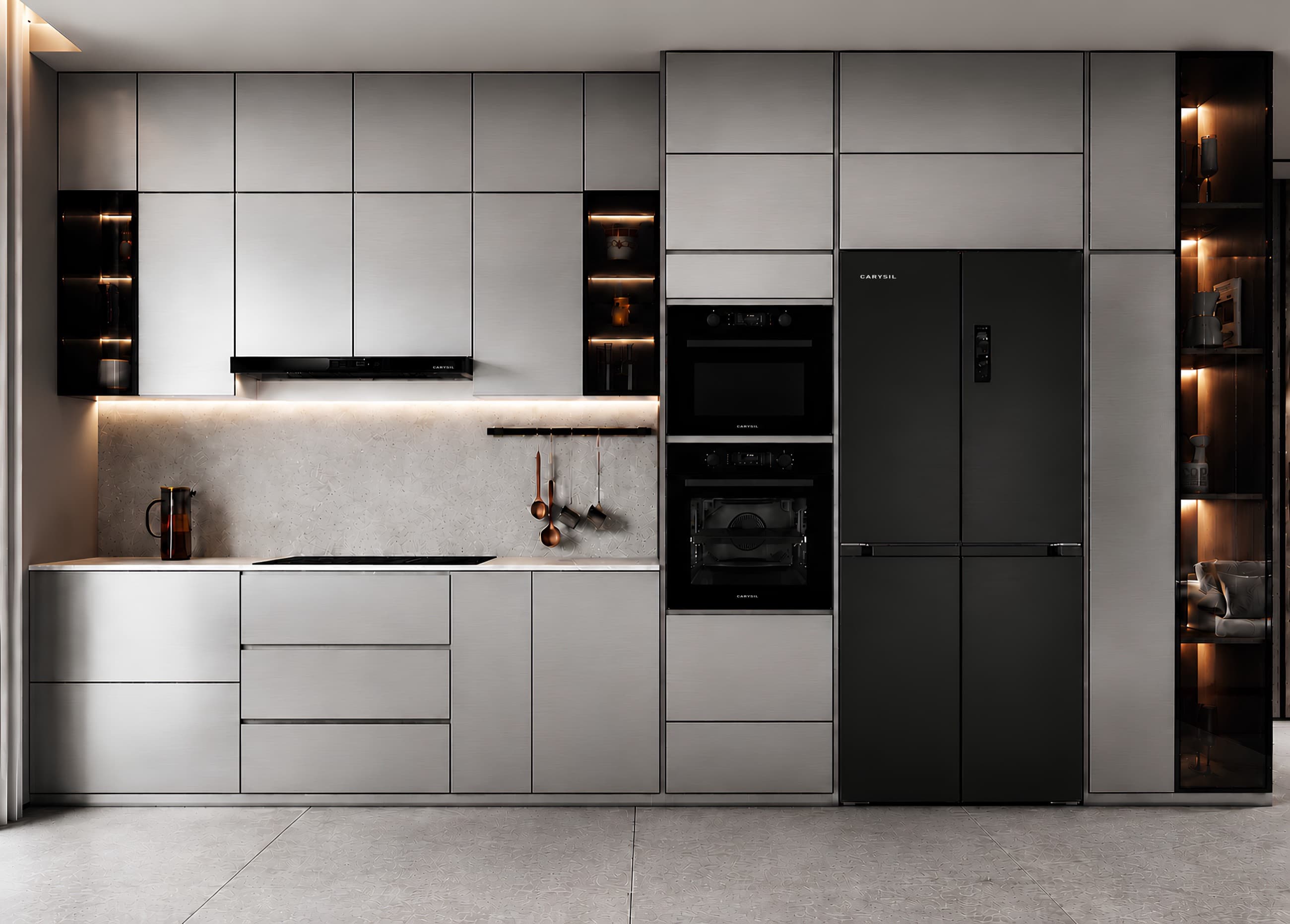 A Carysil kitchen wall of ovens, hob, hood and refrigerator, finished flush