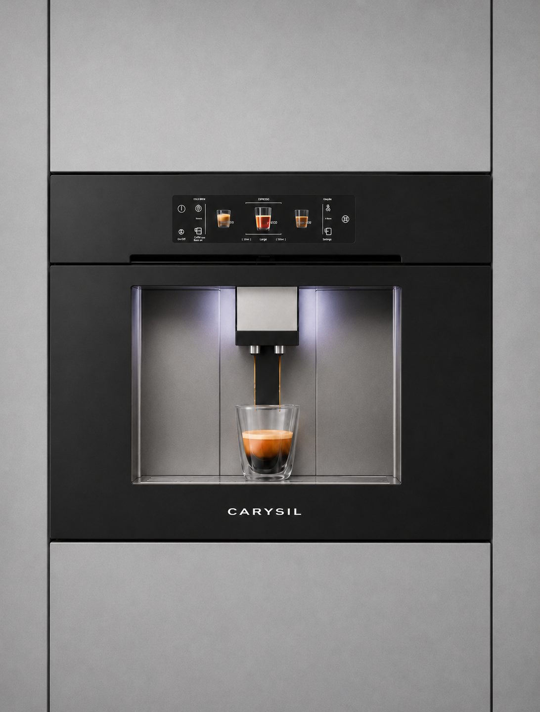 Carysil built-in coffee machine pouring an espresso