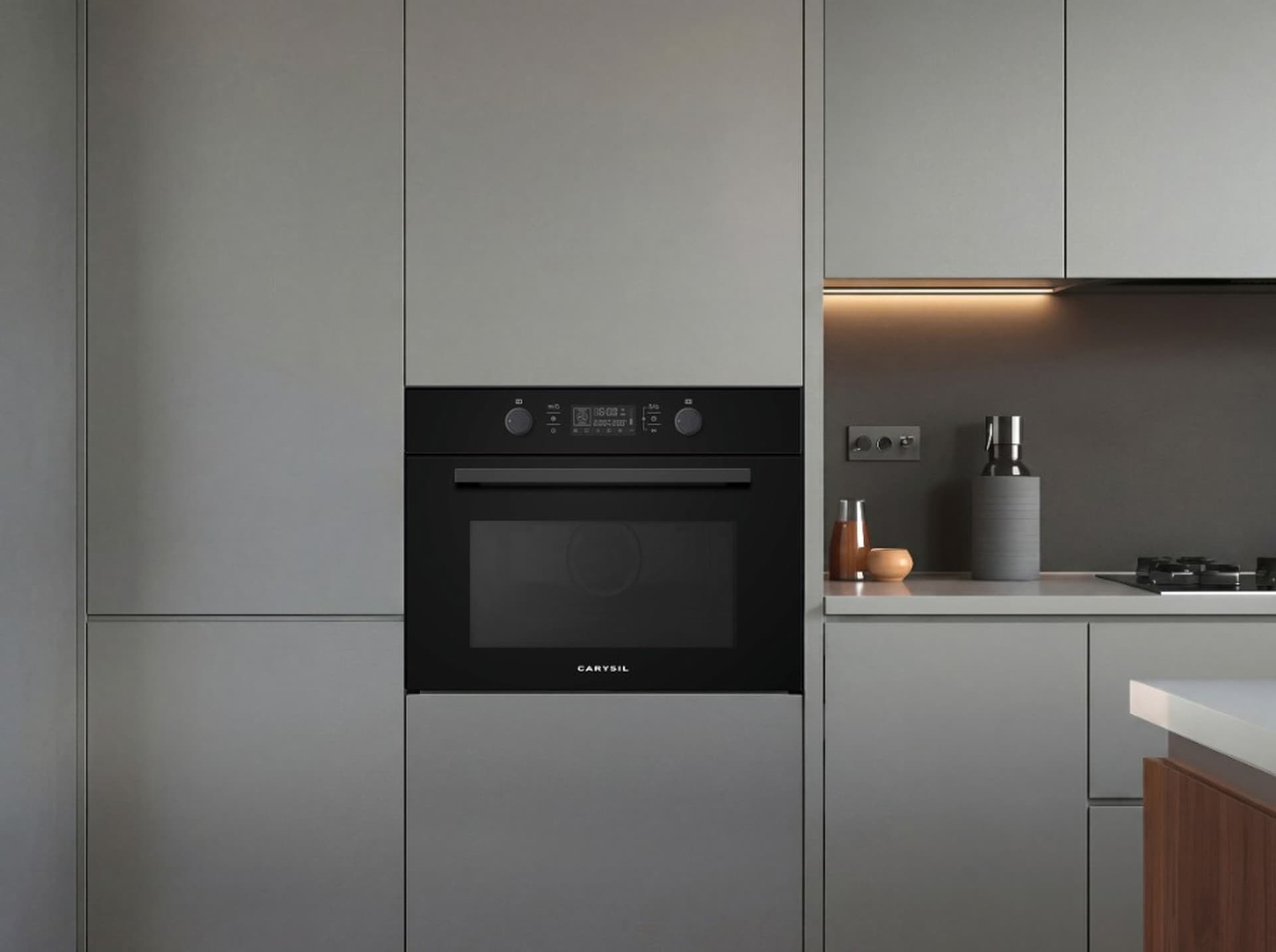 Carysil Linear oven built into a light grey contemporary kitchen