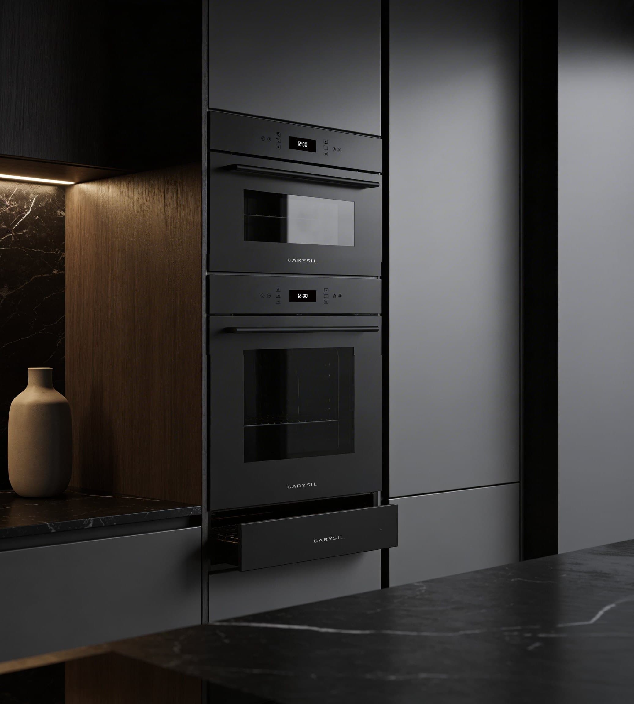 Carysil Eclipse appliances stacked in a dark cabinetry run