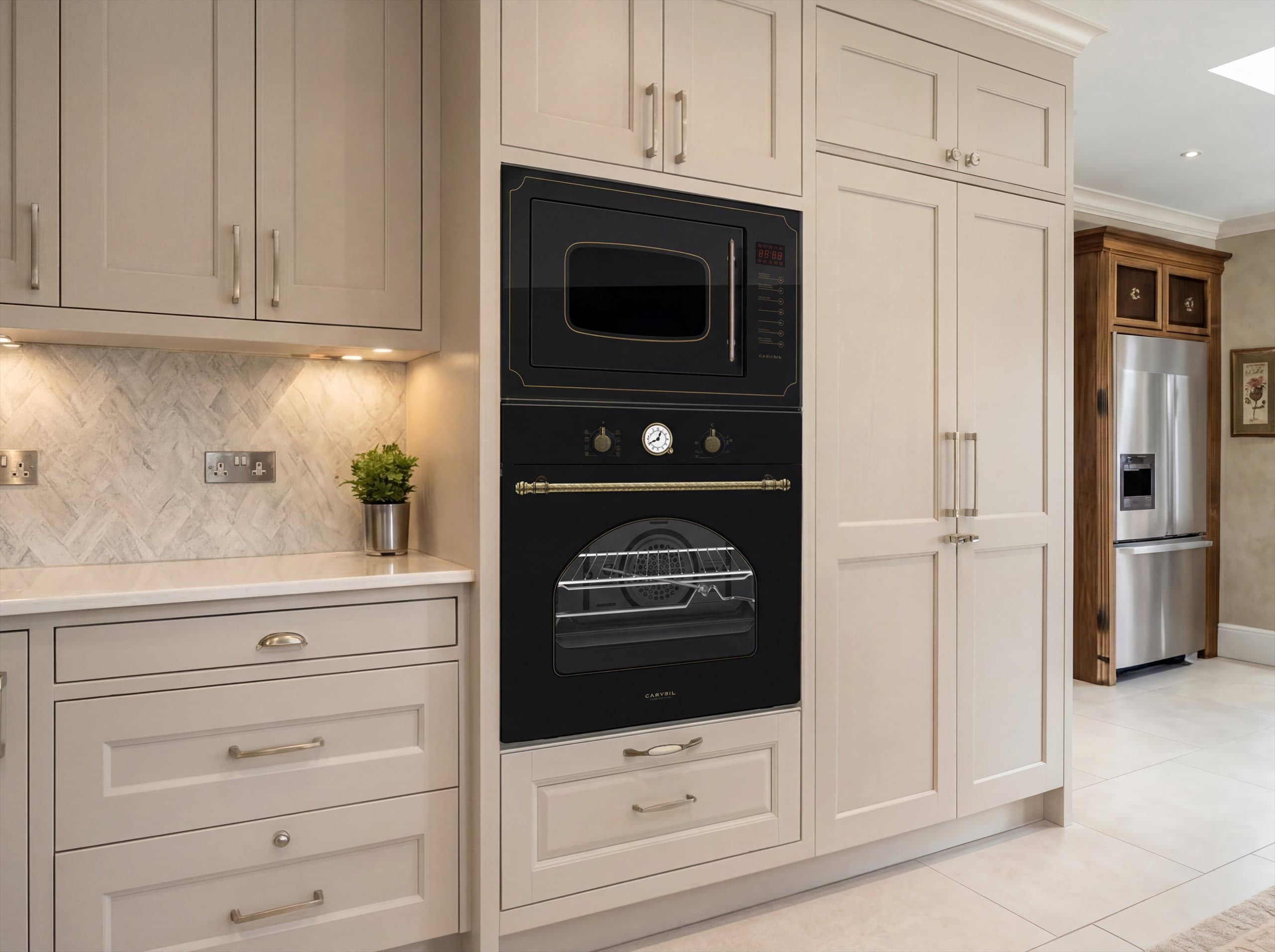 Carysil Rustic oven and microwave built into a cream shaker kitchen