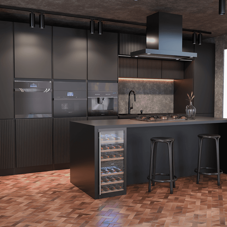 Dark luxury kitchen with Carysil oven wall, chimney and wine chiller island