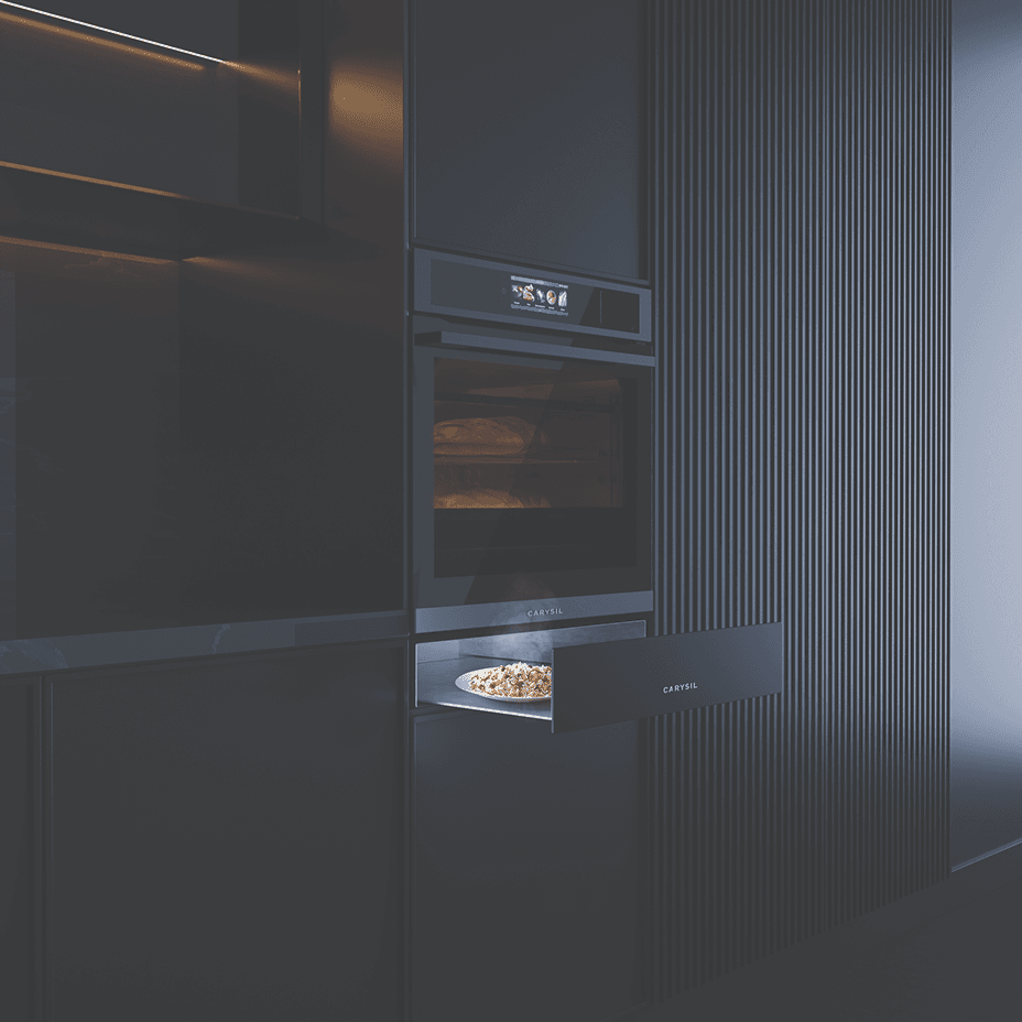 Carysil touchscreen oven and warming drawer in a crafted kitchen