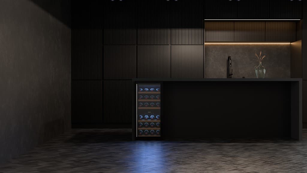Carysil wine chiller built into a dark kitchen island