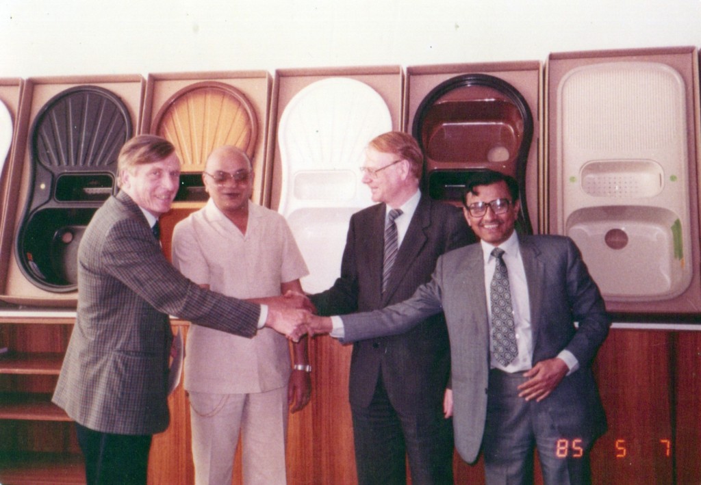 Early Carysil partnership photograph with the founding quartz sink range on display