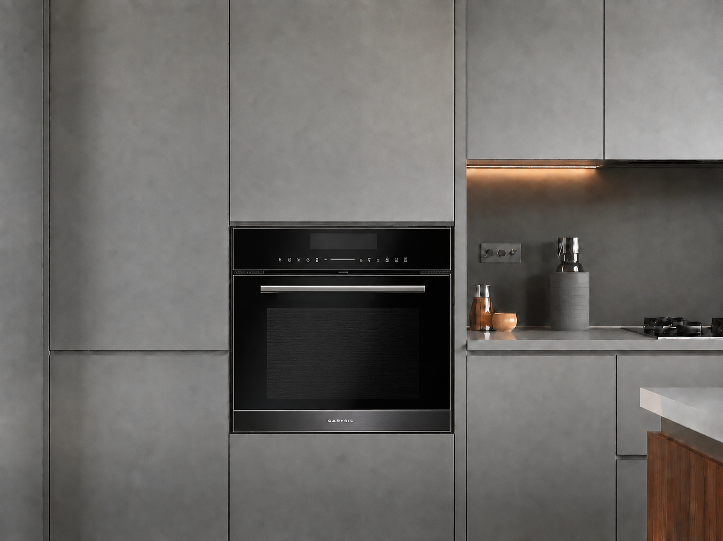 Carysil Linear built-in microwave in a pale stone kitchen