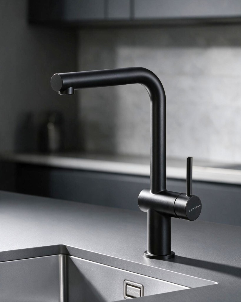 Carysil matte black kitchen faucet with L-spout on a dark stone counter