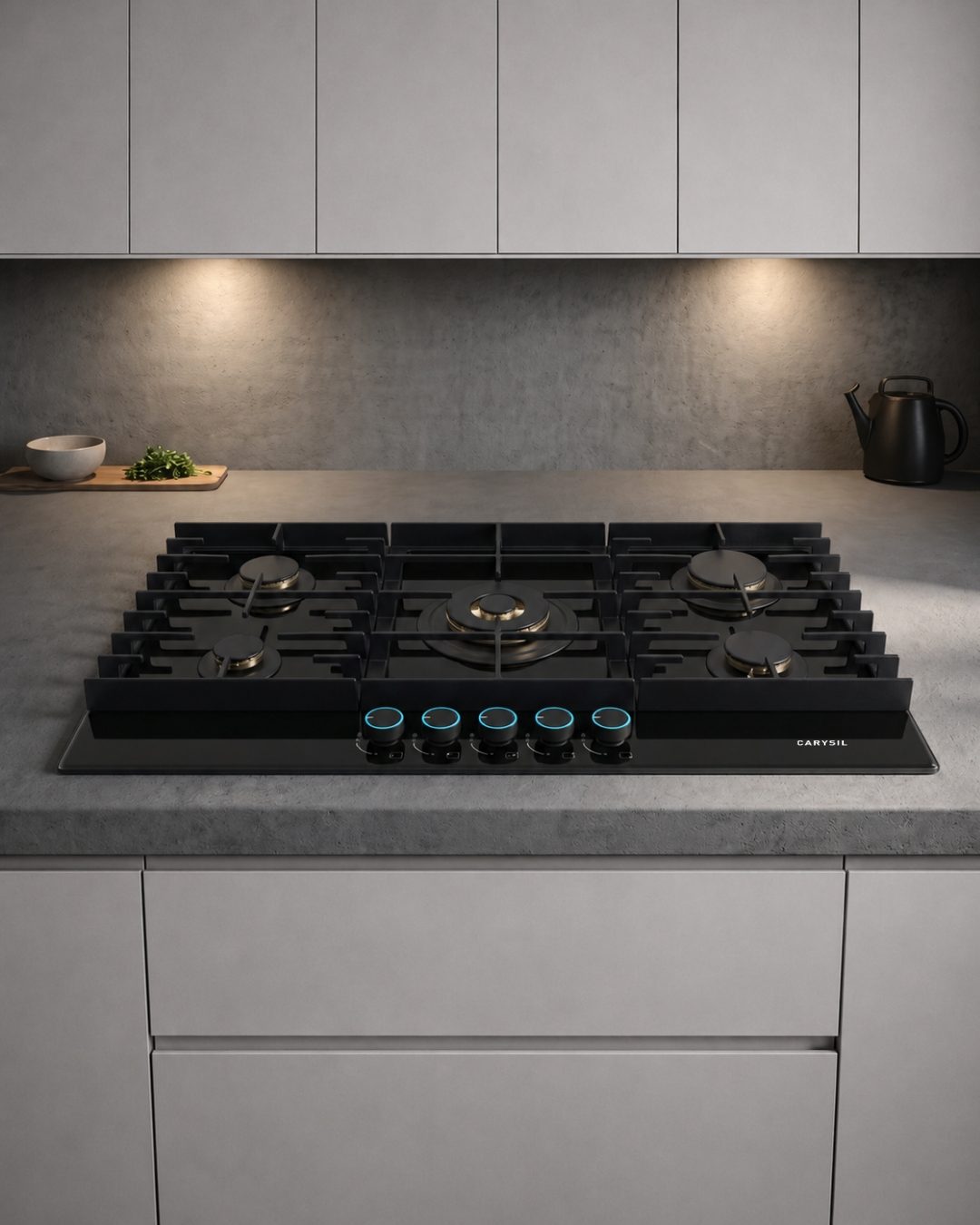 Carysil built-in gas hob flush to a stone kitchen counter