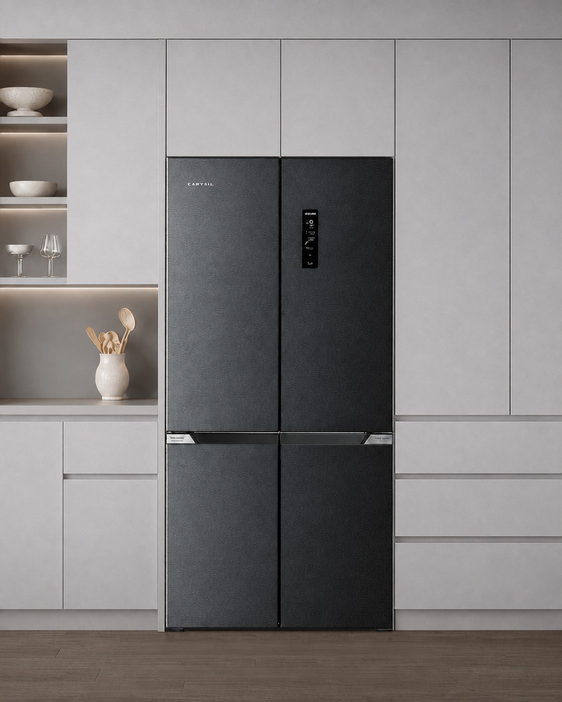 Carysil refrigerator built into a pale kitchen run