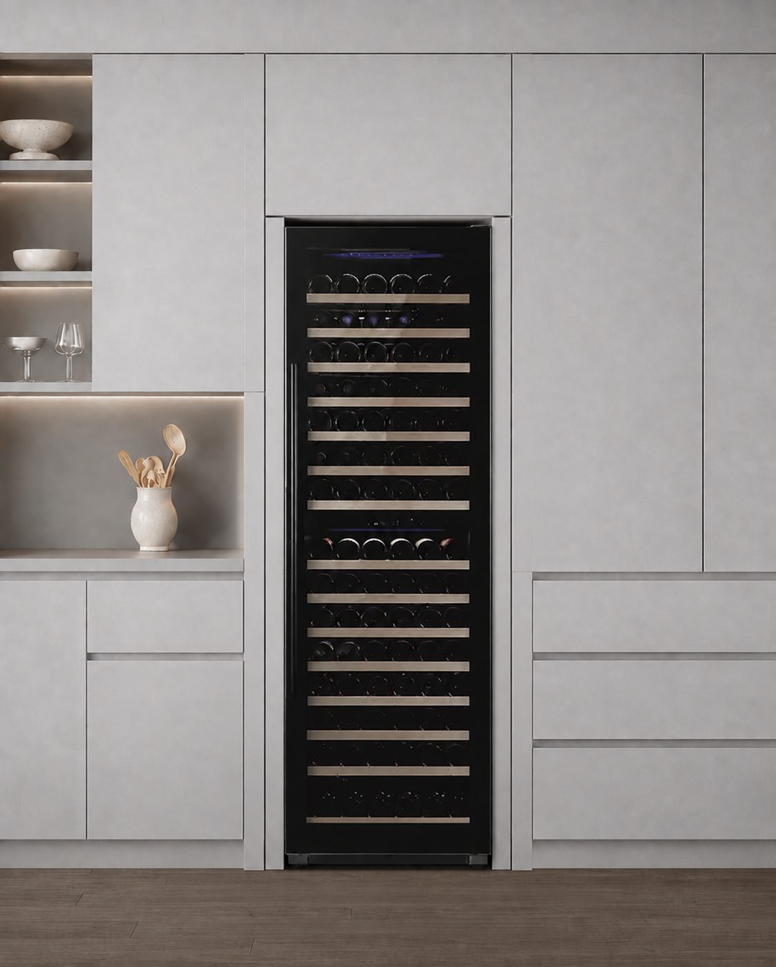 Carysil wine chiller built into tall kitchen cabinetry